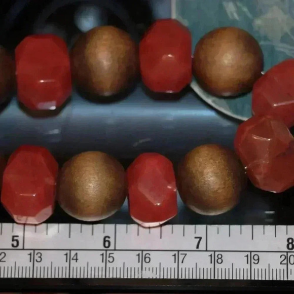 Chunky Rose Quartz and Wood 16" Necklace with 2" Mother of Pearl Pendant - Picture 5 of 6